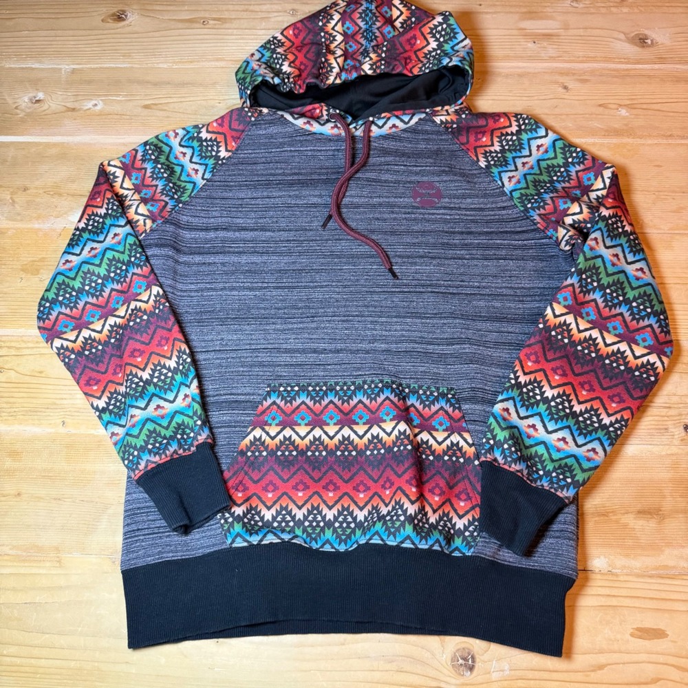 Hooey‎ Mens Aztec Print Raglan Hoodie Grey Southwestern Pullover Medium